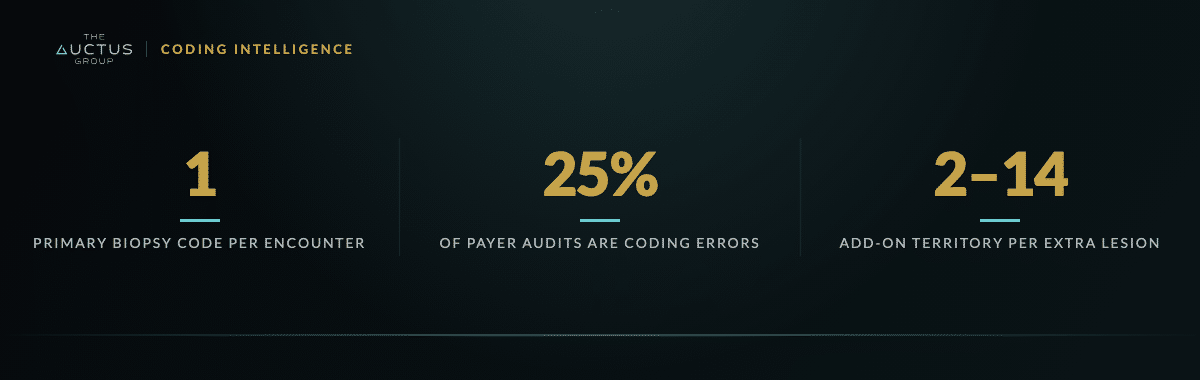 Key figures: 1 Primary biopsy code per encounter, 25% Of payer audits are coding errors, 2–14 Add-on territory per extra lesion