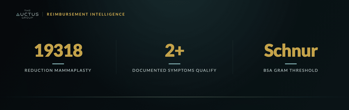 Key figures: 19318 Reduction mammaplasty, 2+ Documented symptoms qualify, Schnur BSA gram threshold